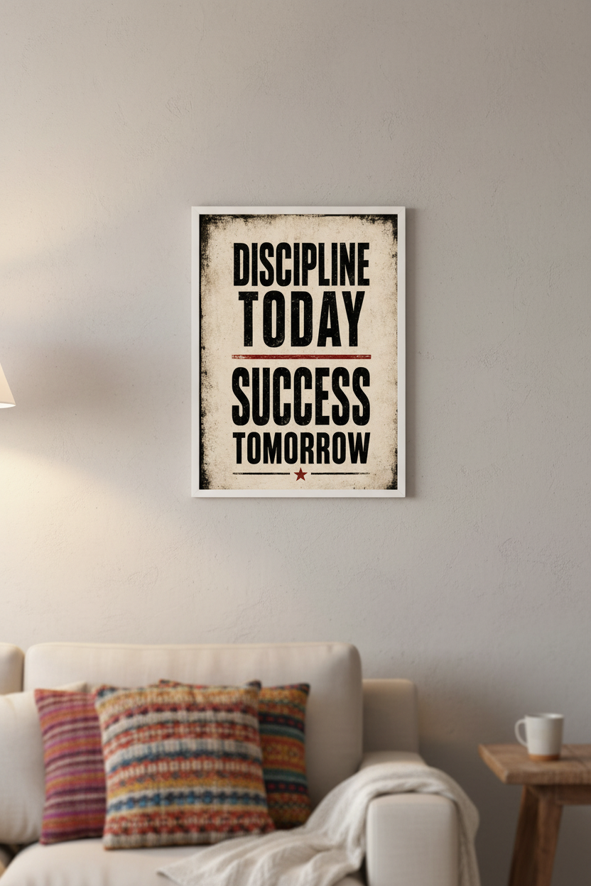 Discipline Today, Success Tomorrow — framed in living room