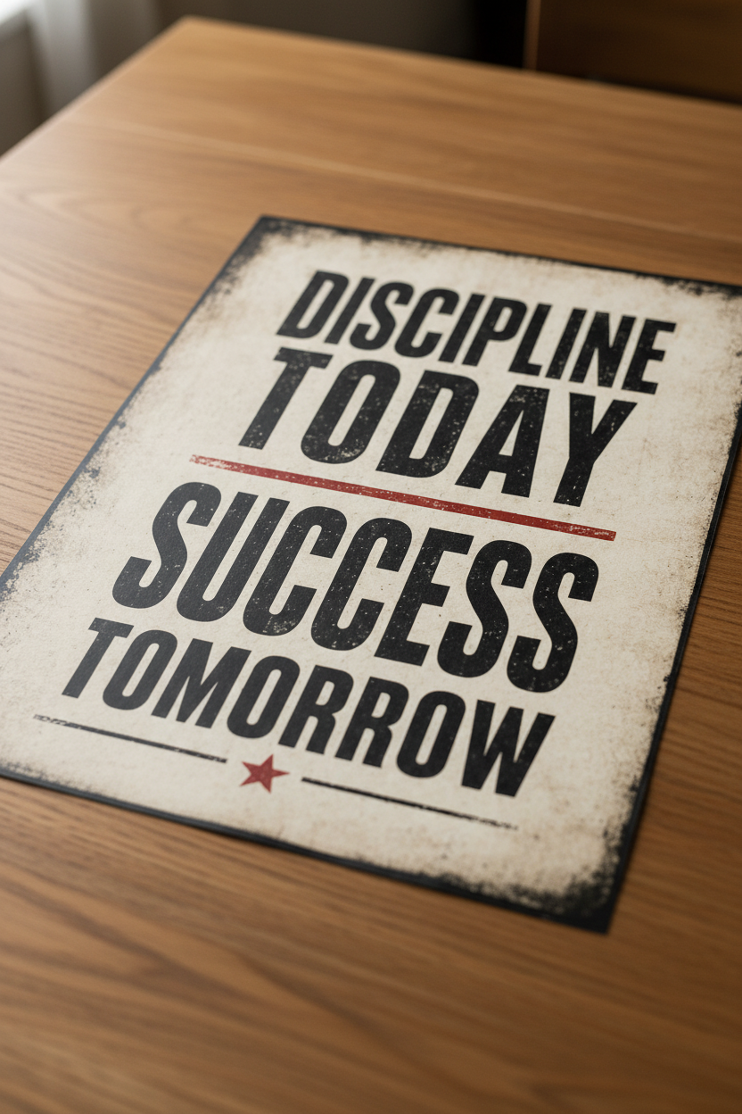 Discipline Today, Success Tomorrow — unframed on wooden table