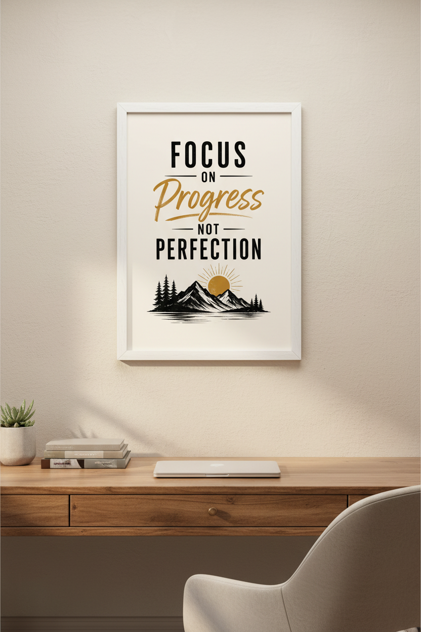 Focus On Progress — framed in home office