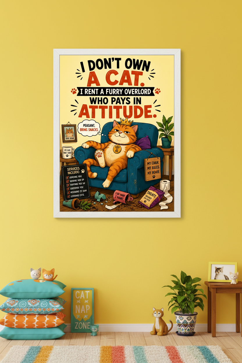 Furry Overlord — framed in playful living room