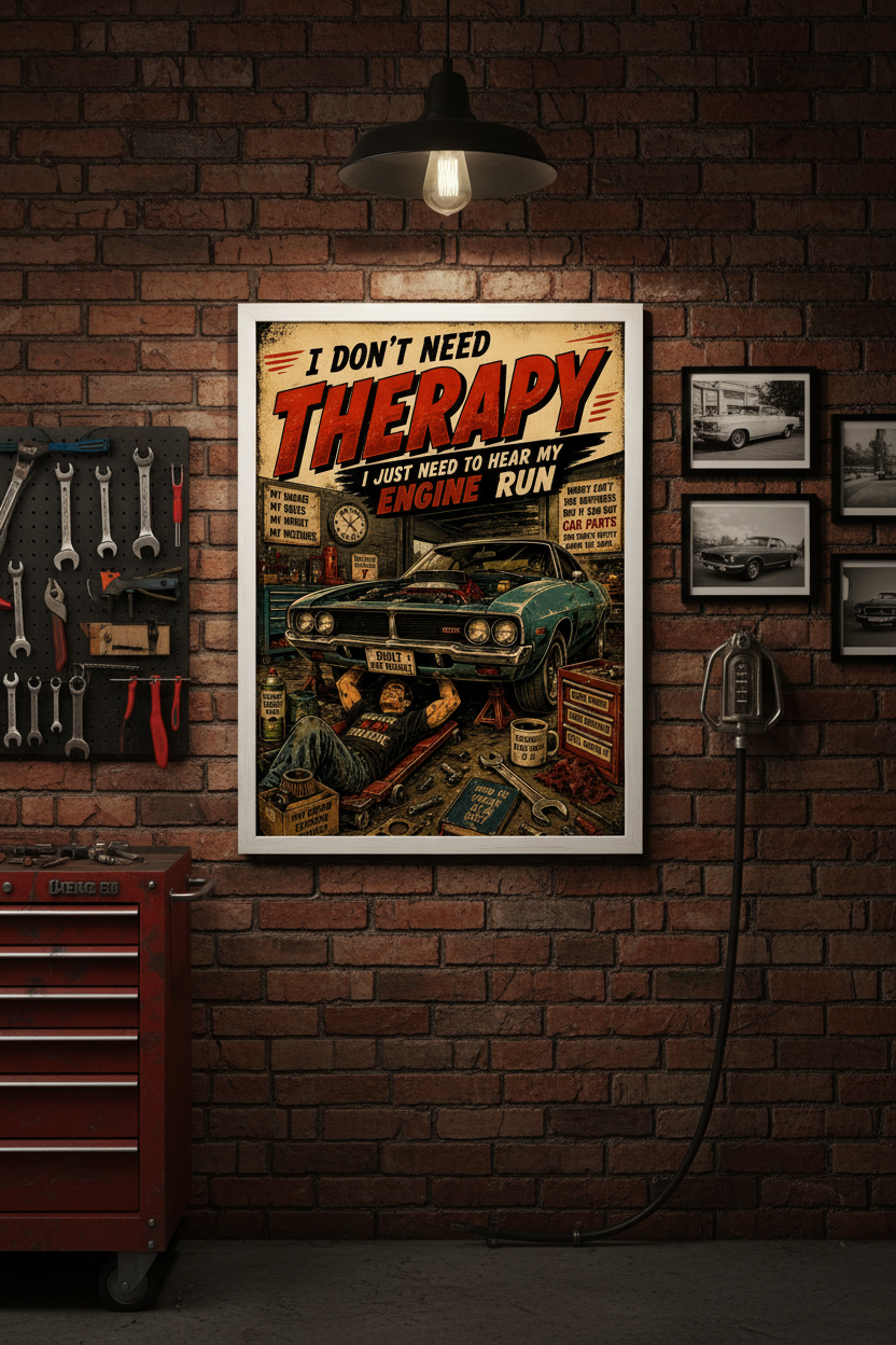 I Don't Need Therapy — framed in garage