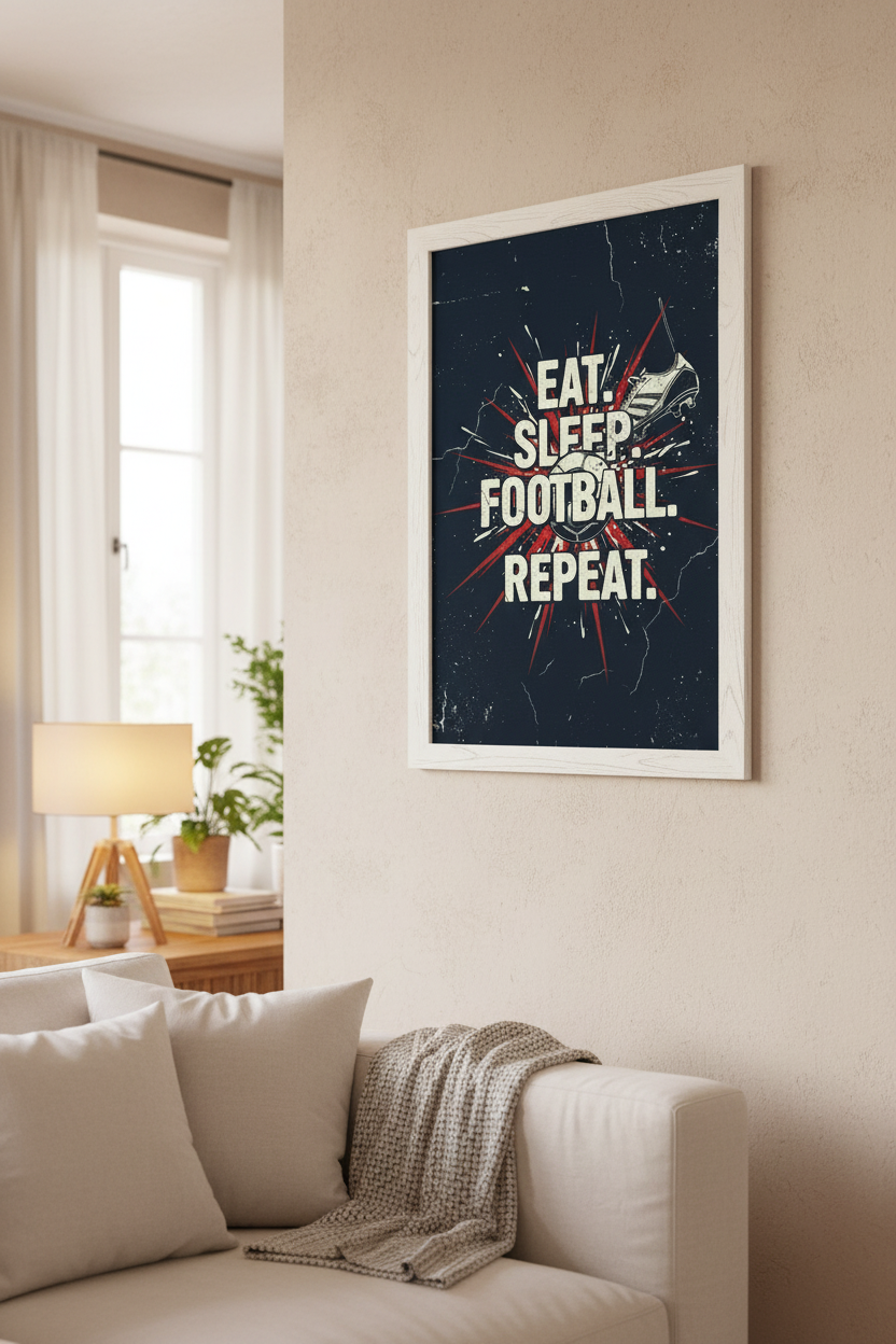 Eat Sleep Football Repeat framed poster in living room