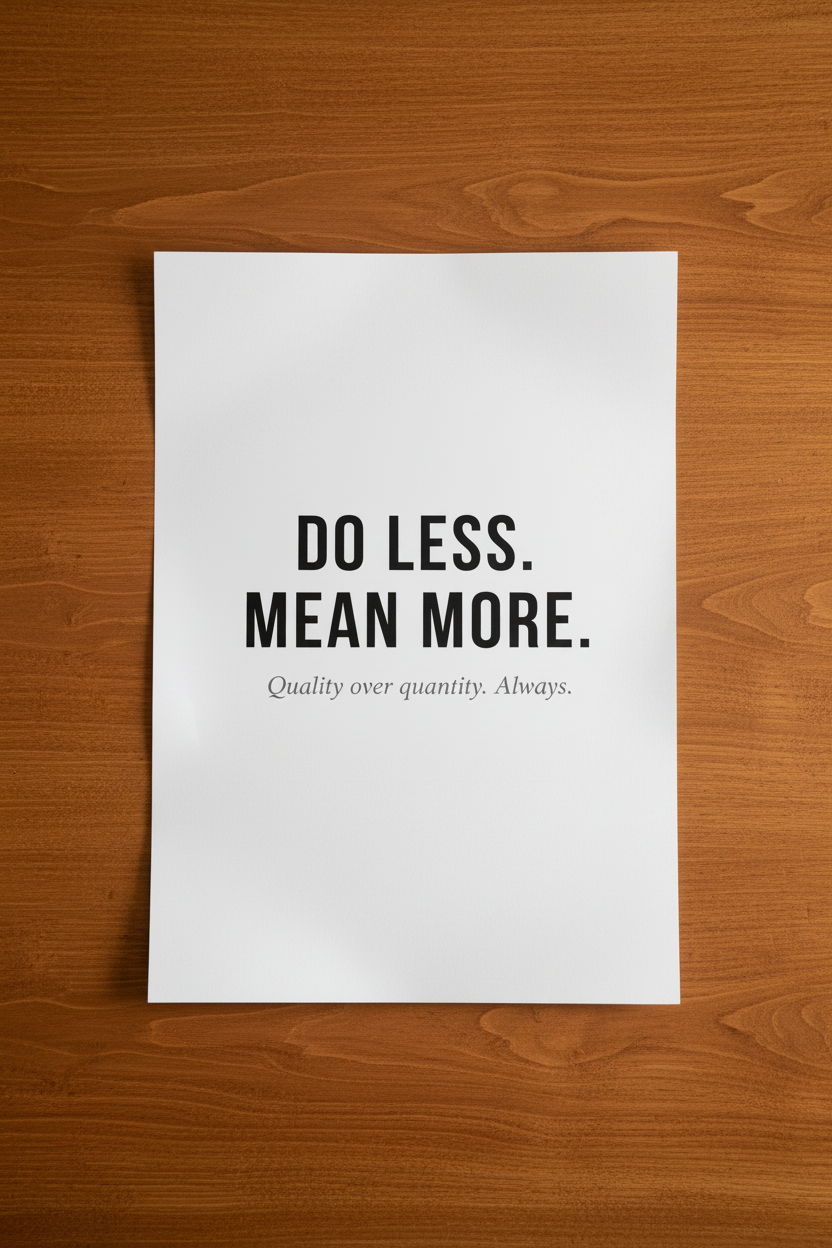 Do Less. Mean More. poster on wooden table