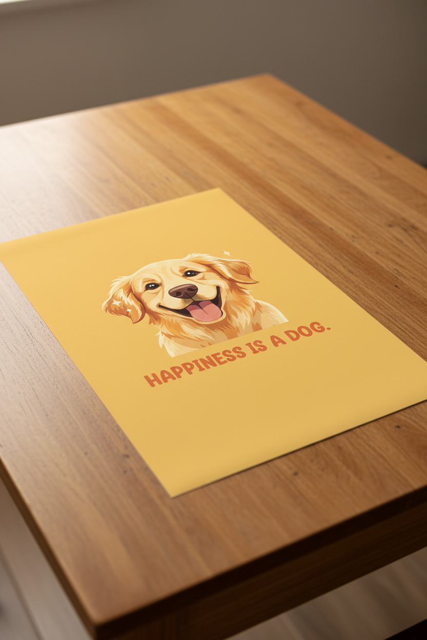 Happiness Is a Dog poster on wooden table