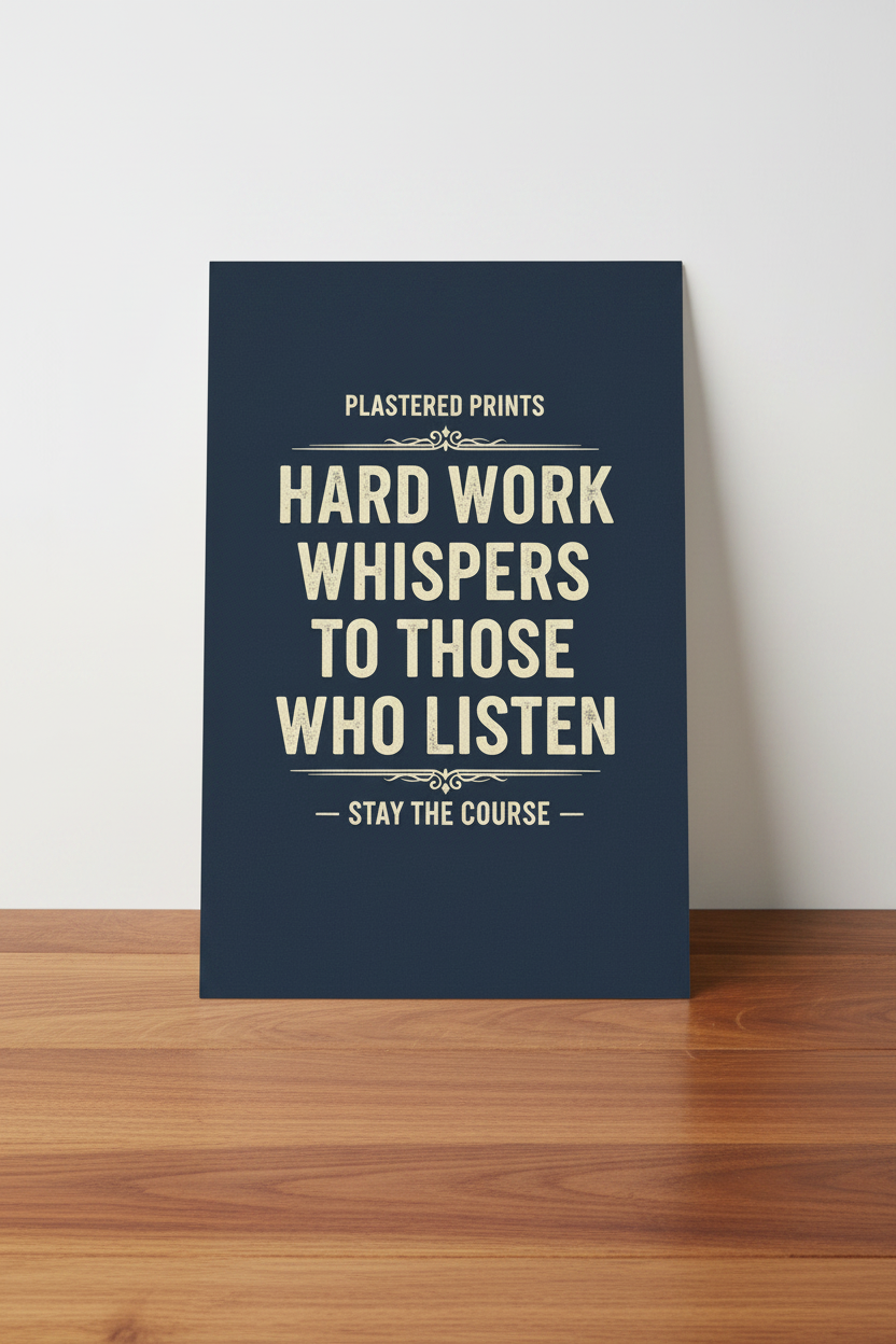 Hard Work Whispers poster on wooden table