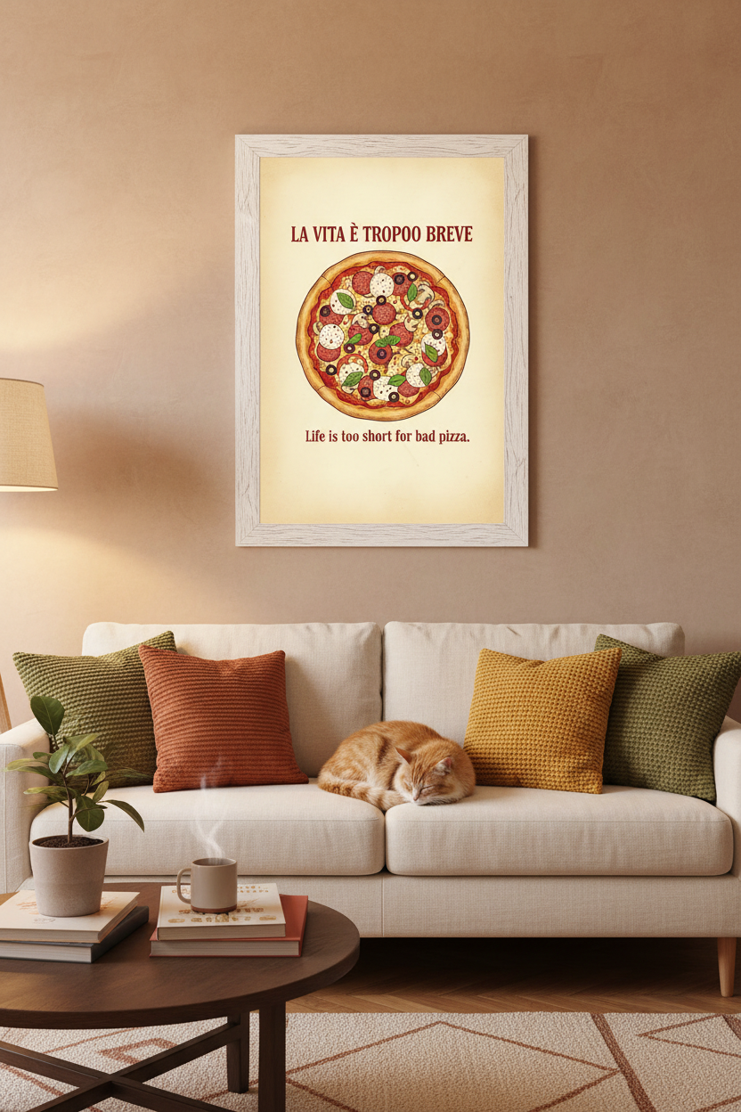 Life Is Too Short for Bad Pizza framed in living room