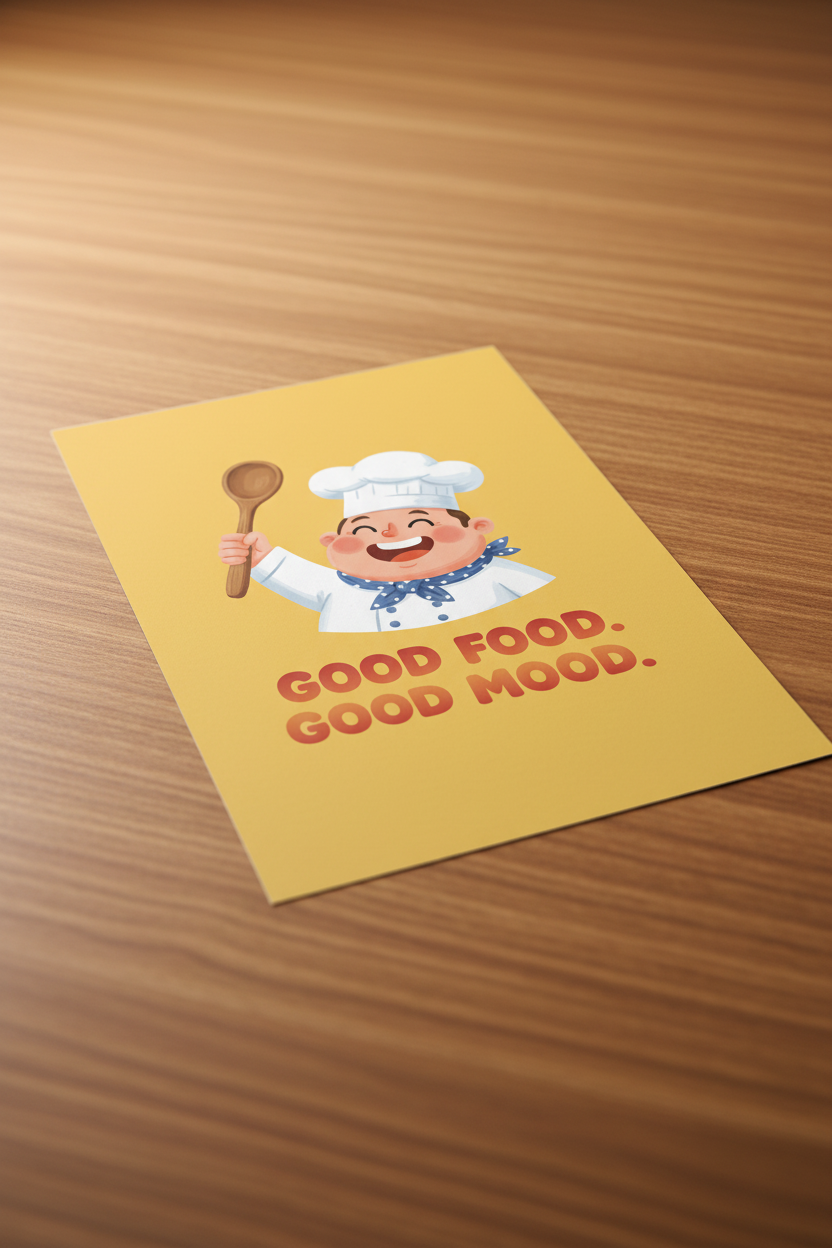 Good Food Good Mood poster on wooden table