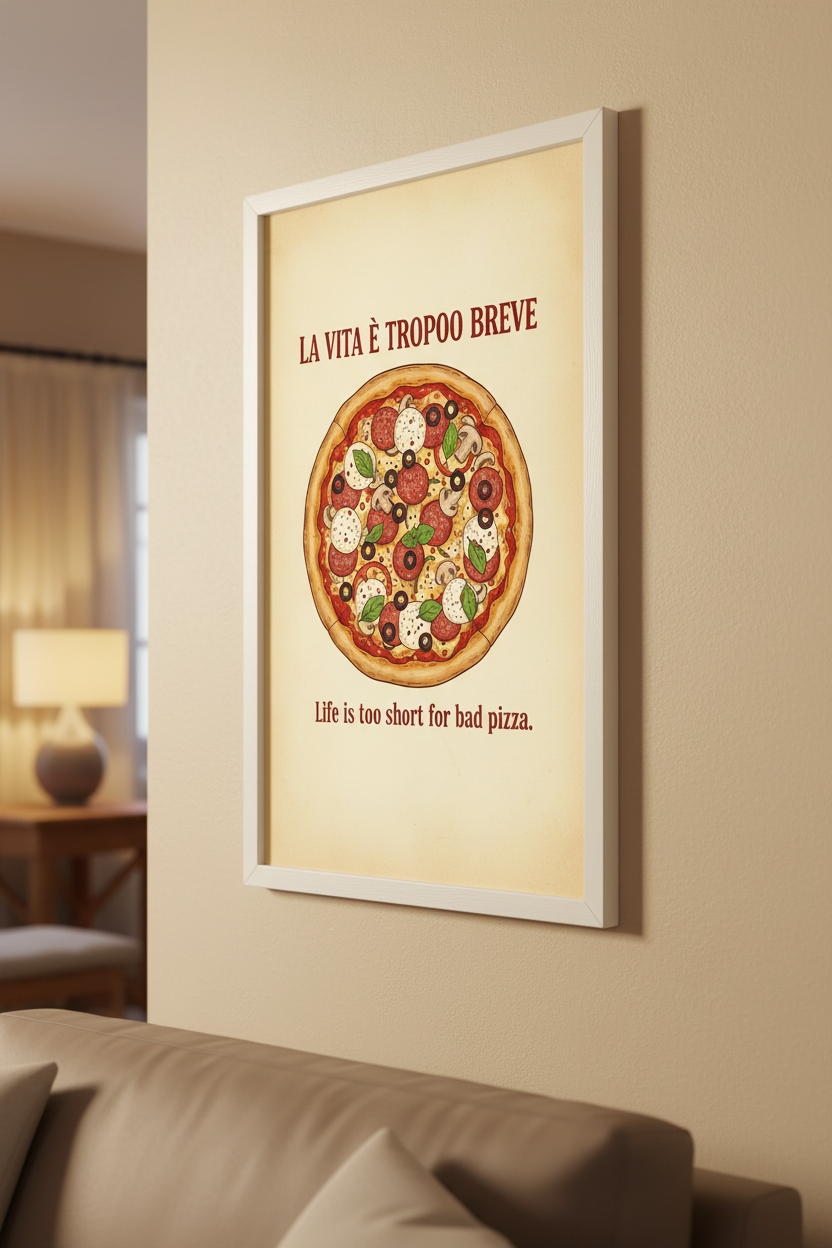 Life Is Too Short for Bad Pizza framed in living room view 2