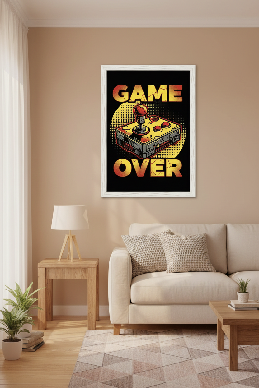 Game Over framed poster in living room