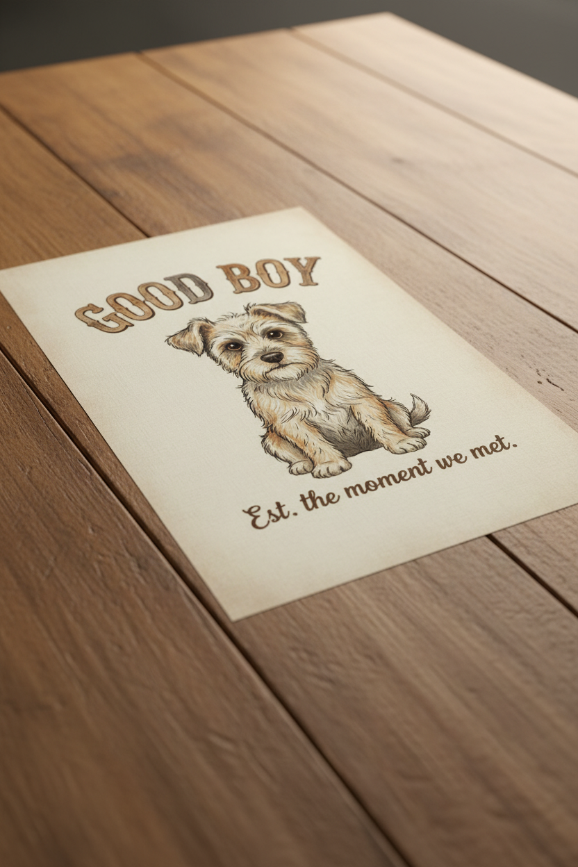 Good Boy poster on wooden table
