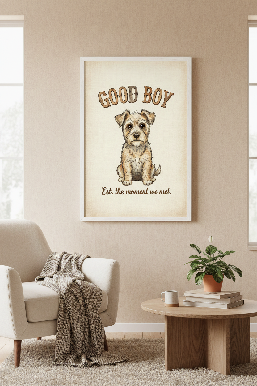 Good Boy framed in living room