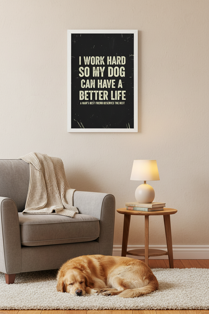 I Work Hard So My Dog framed poster in living room