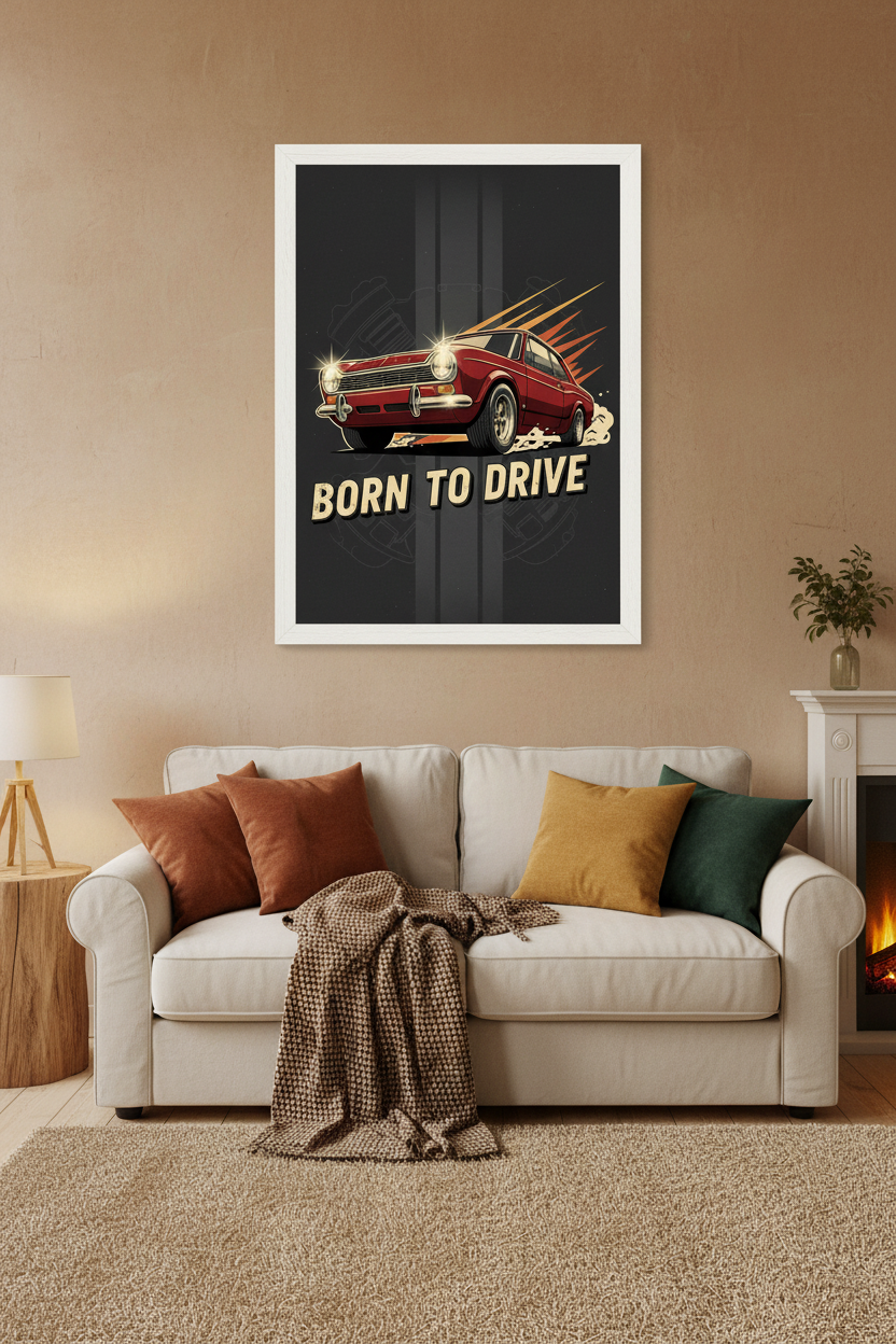 Born to Drive framed poster in living room