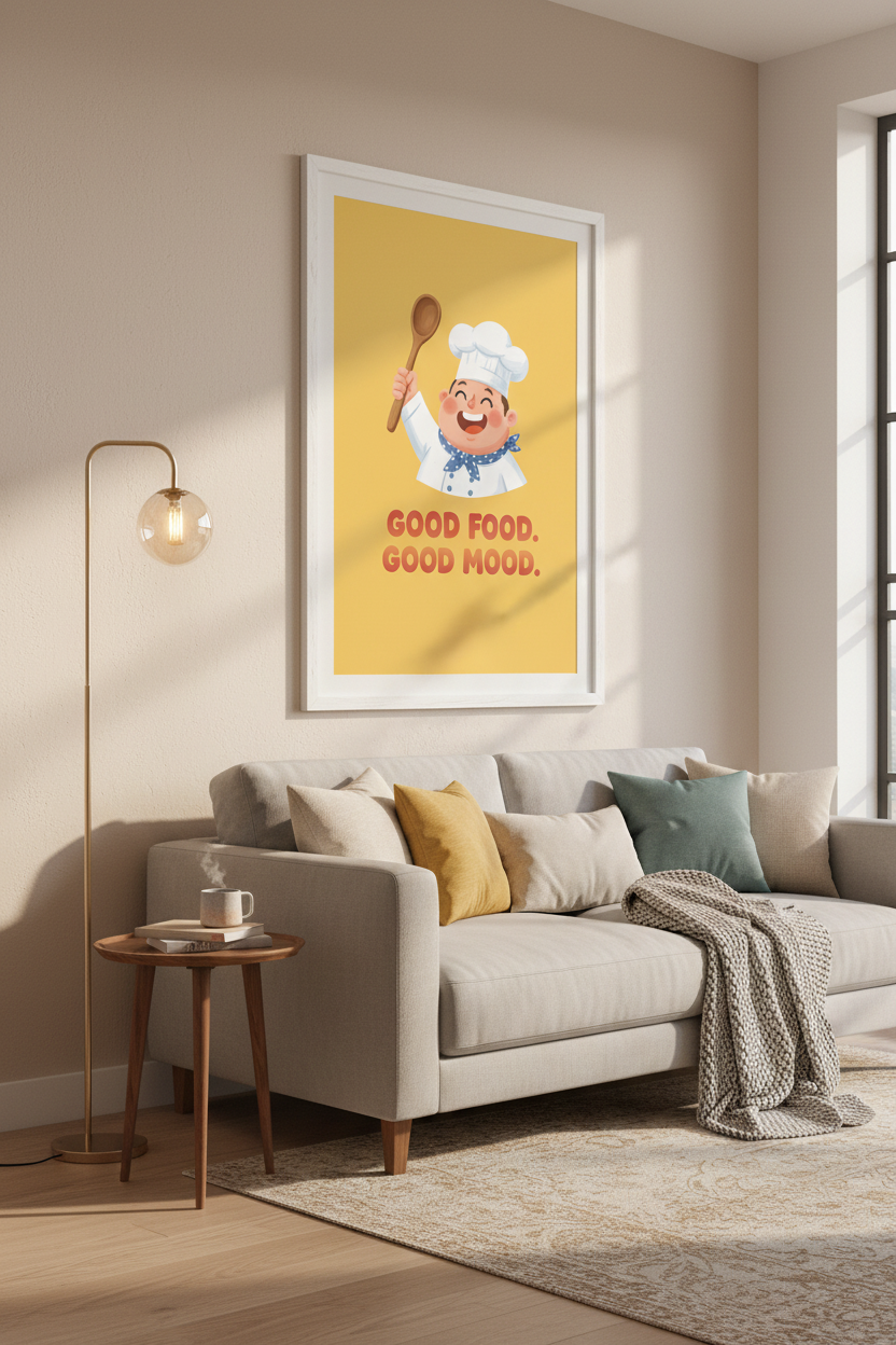 Good Food Good Mood framed in living room view 2