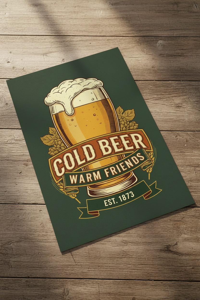 Cold Beer Warm Friends unframed poster on wooden table