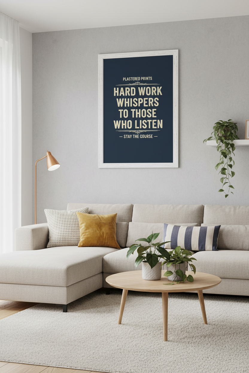 Hard Work Whispers framed in living room
