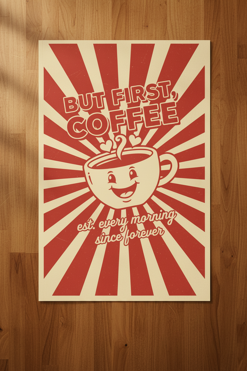 But First Coffee poster on wooden table
