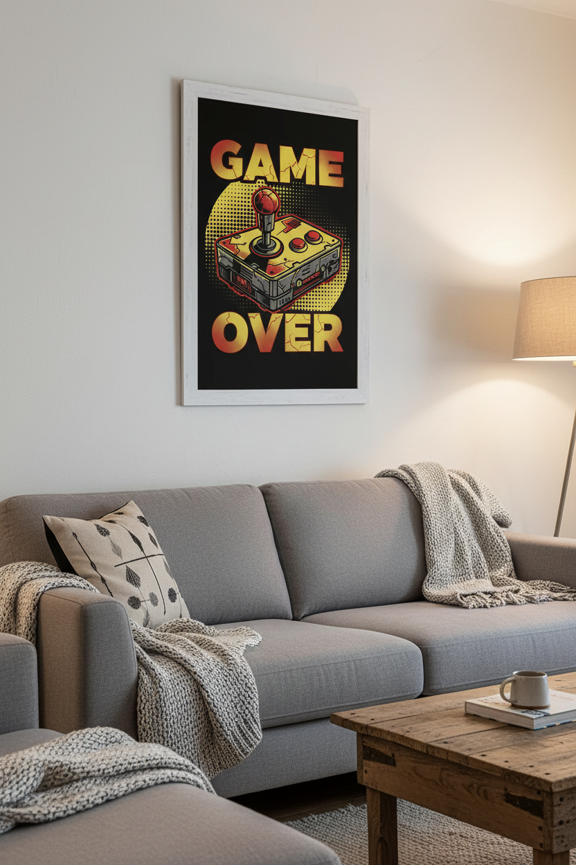 Game Over framed poster in living room