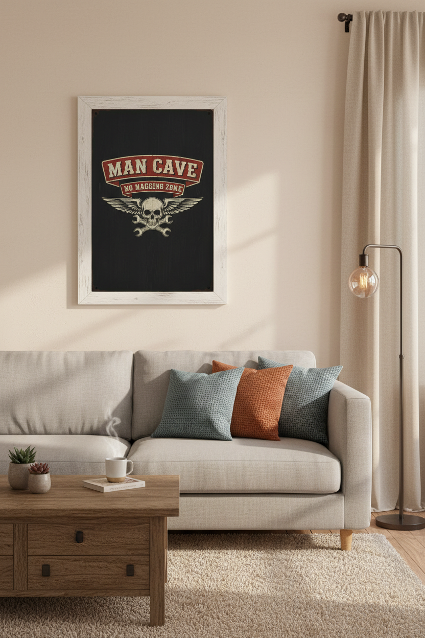 Man Cave No Nagging Zone framed poster in living room