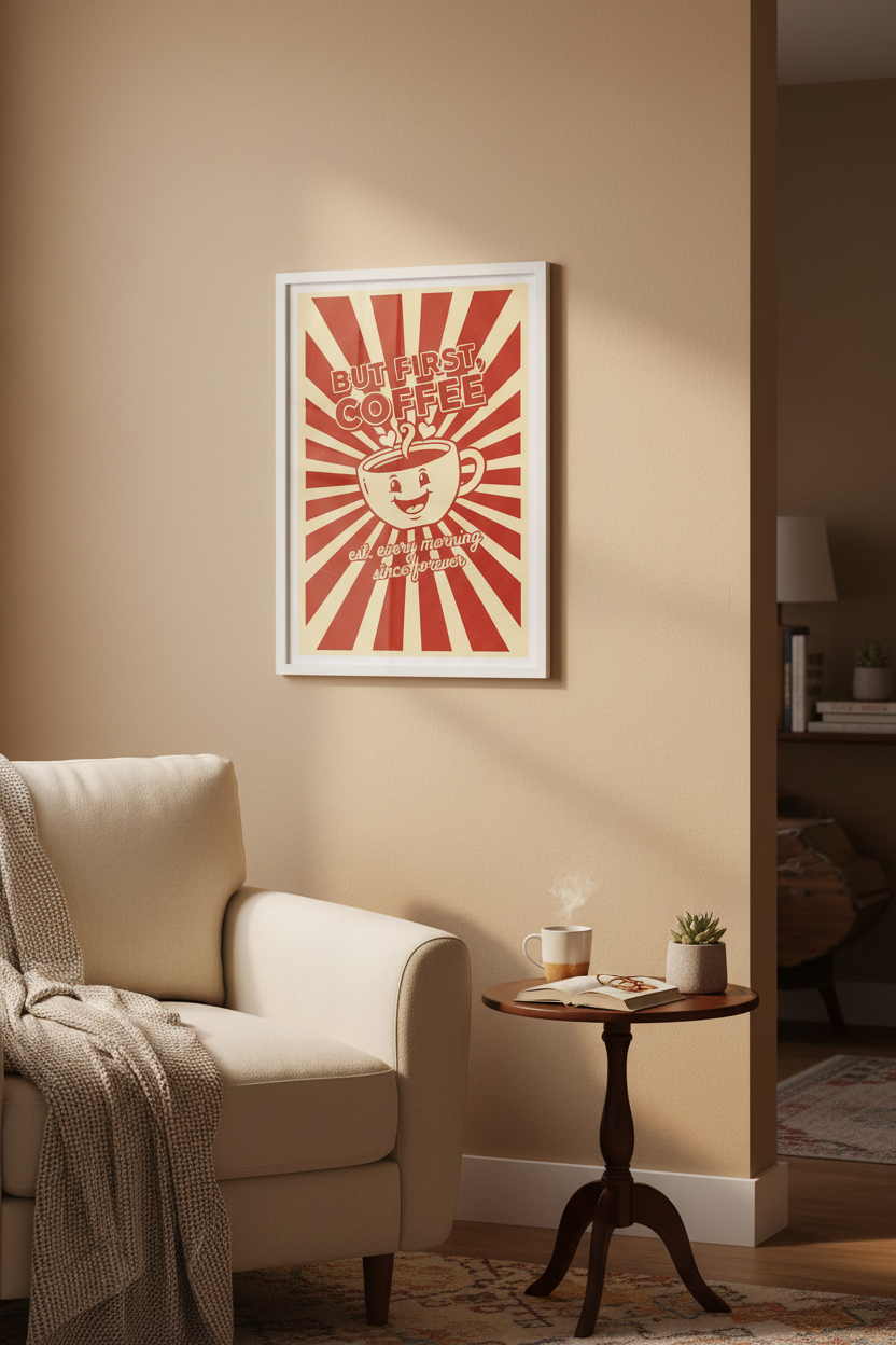 But First Coffee framed in living room view 2