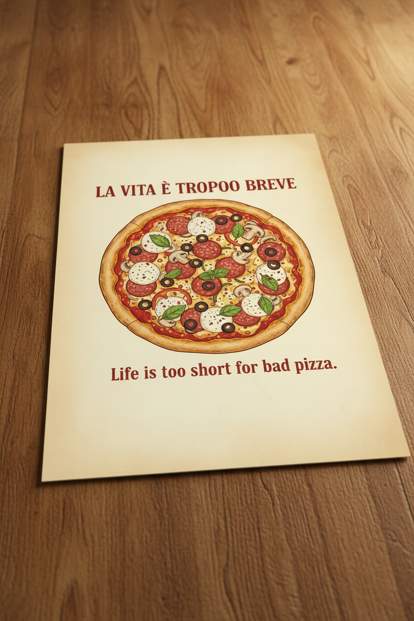 Life Is Too Short for Bad Pizza poster on wooden table