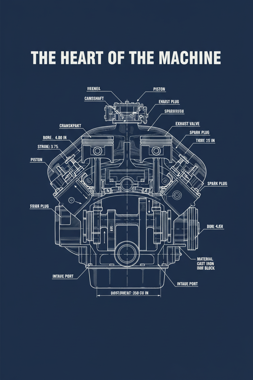 The Heart of the Machine V8 engine blueprint poster