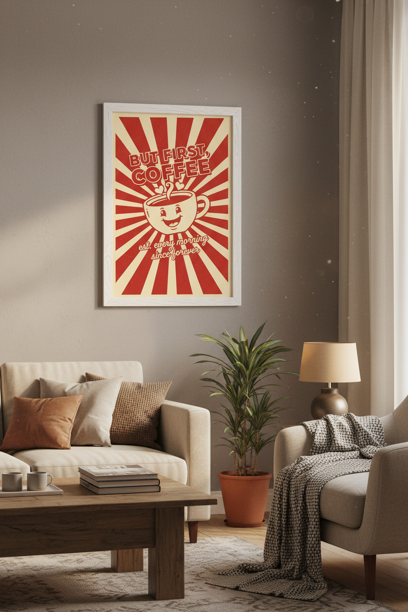 But First Coffee framed in living room
