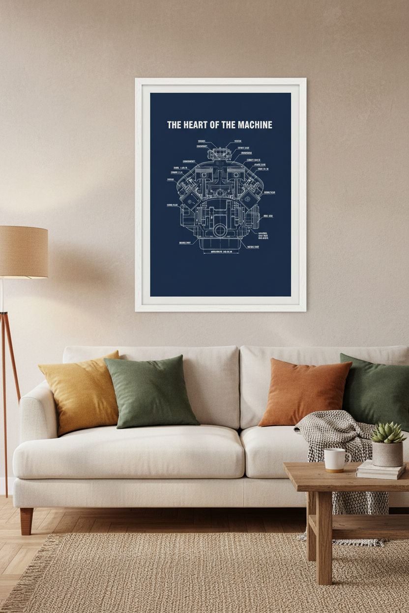 The Heart of the Machine framed poster in living room