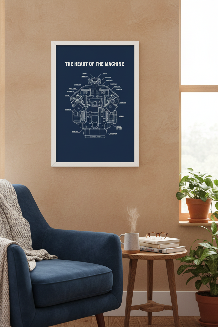 The Heart of the Machine framed poster in living room