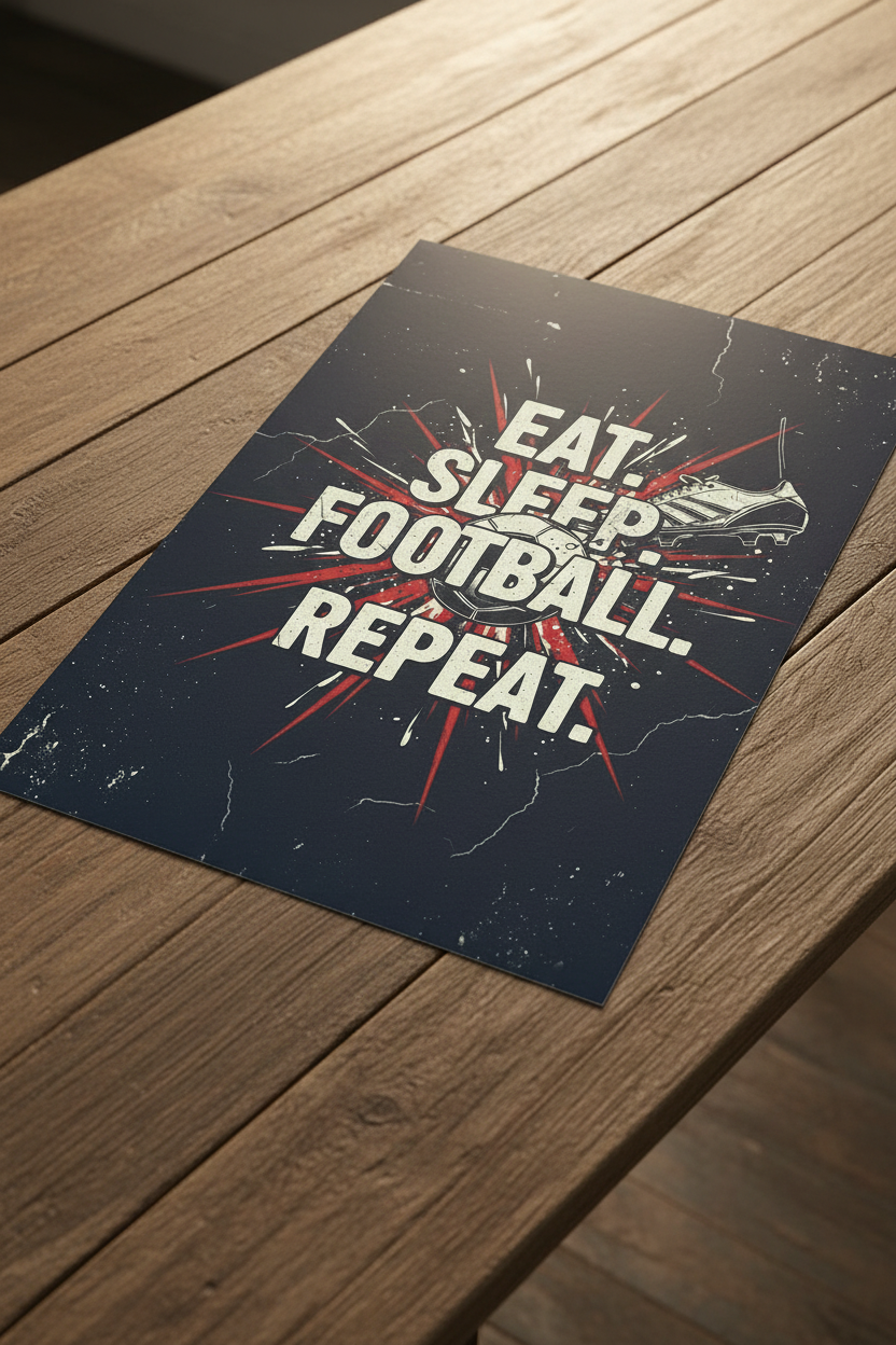 Eat Sleep Football Repeat unframed poster on wooden table
