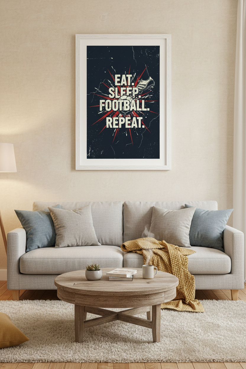 Eat Sleep Football Repeat framed poster in living room