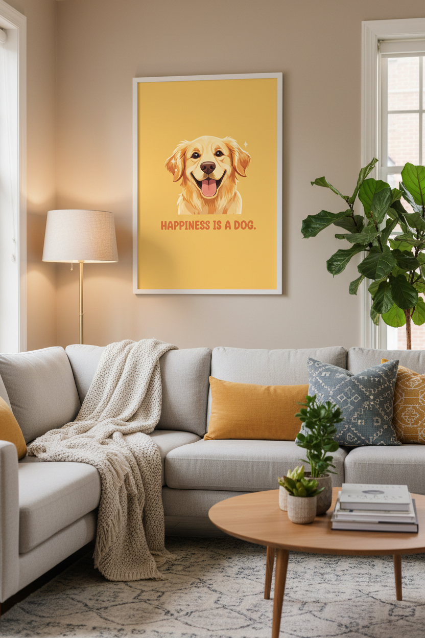 Happiness Is a Dog framed in living room