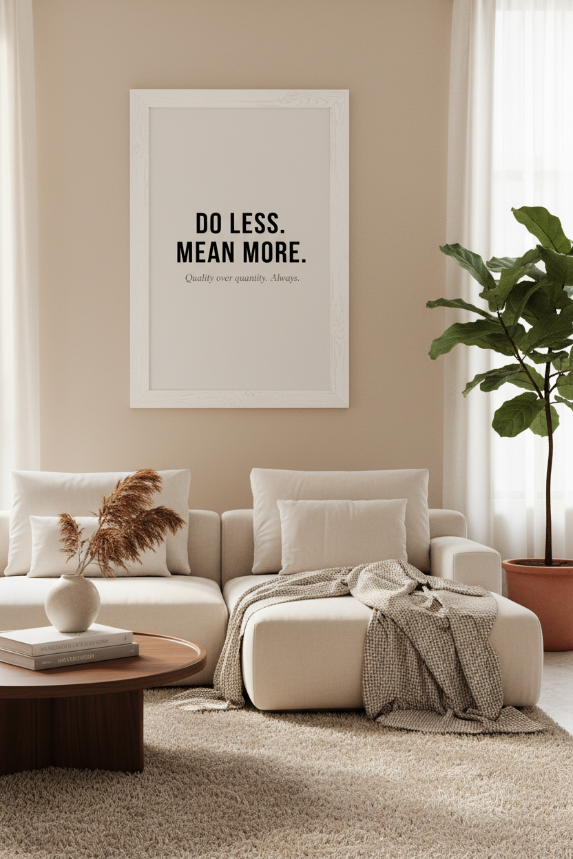 Do Less. Mean More. framed in living room