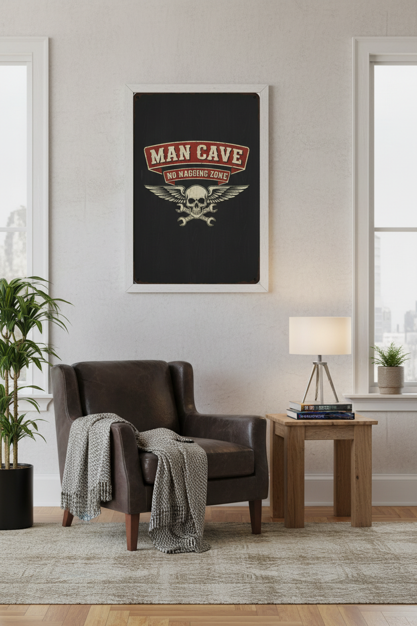 Man Cave No Nagging Zone framed poster in living room