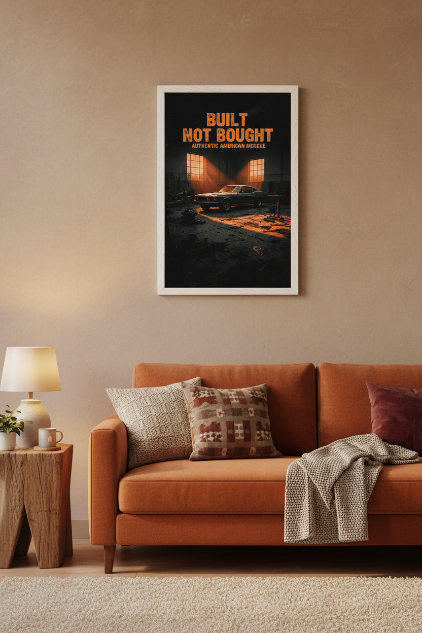 Built Not Bought framed poster in living room