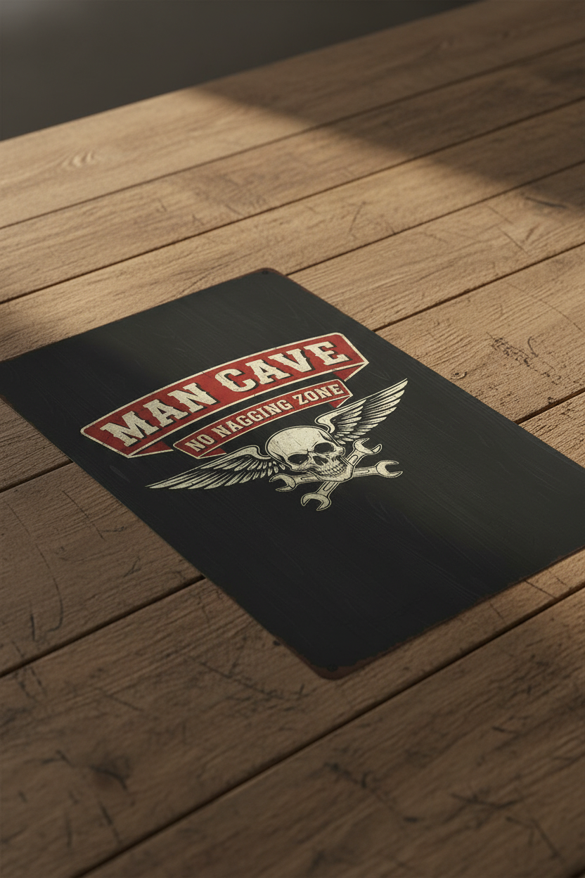 Man Cave No Nagging Zone unframed poster on wooden table
