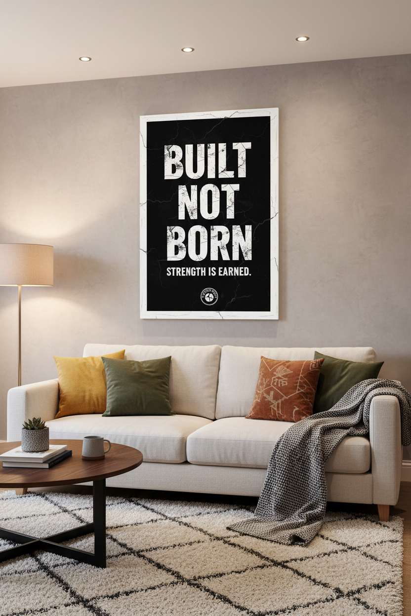 Built Not Born framed in living room view 2
