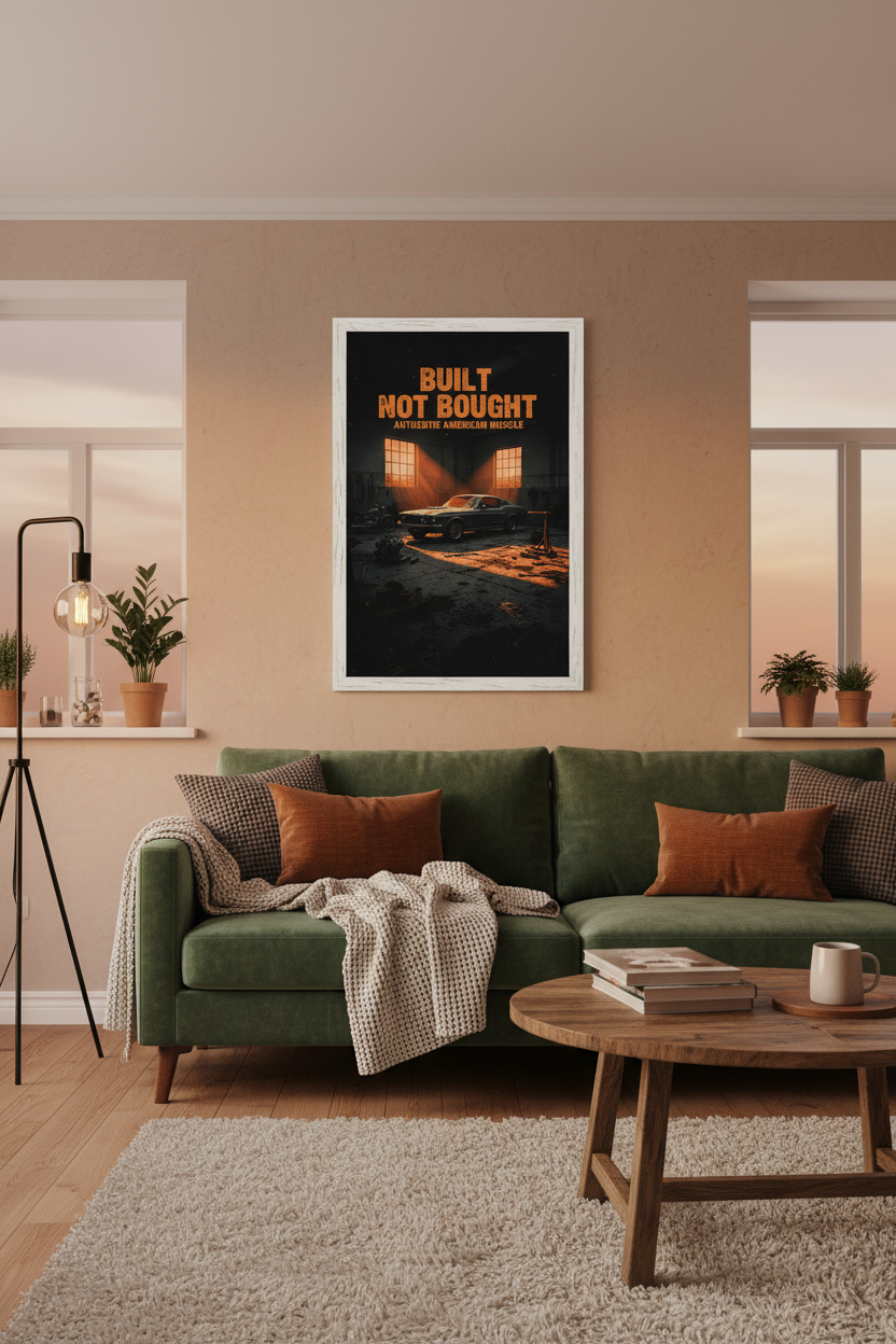 Built Not Bought framed poster in living room