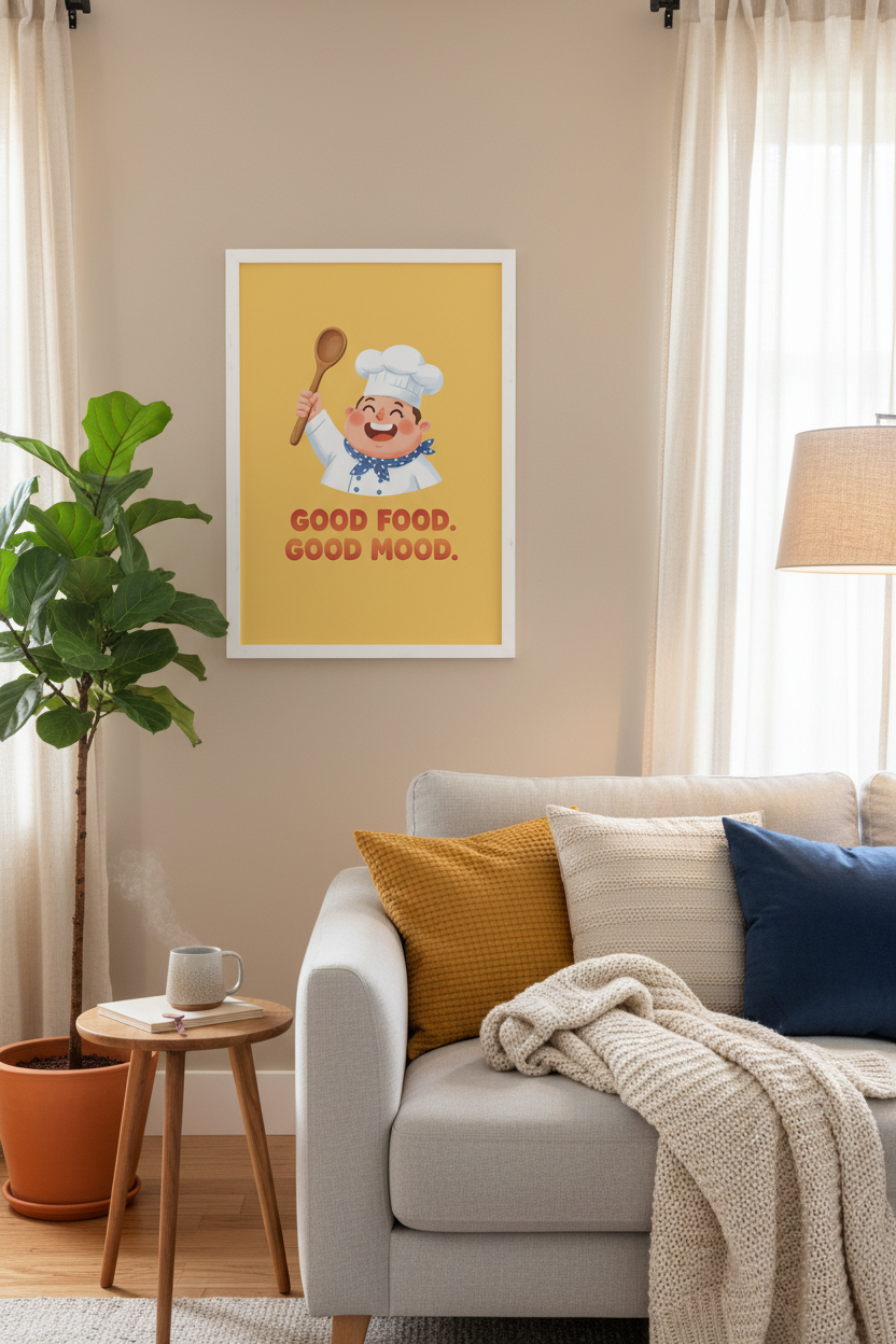 Good Food Good Mood framed in living room