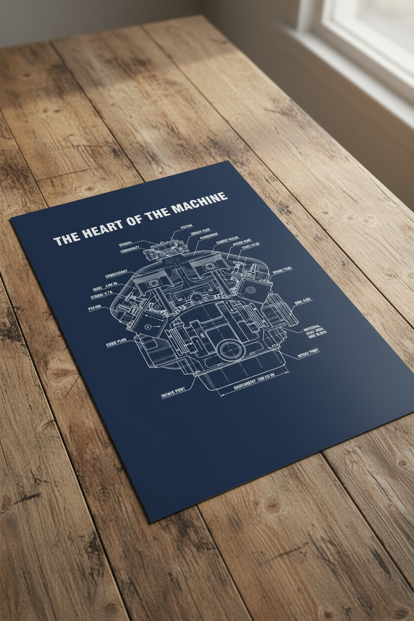 The Heart of the Machine unframed poster on wooden table
