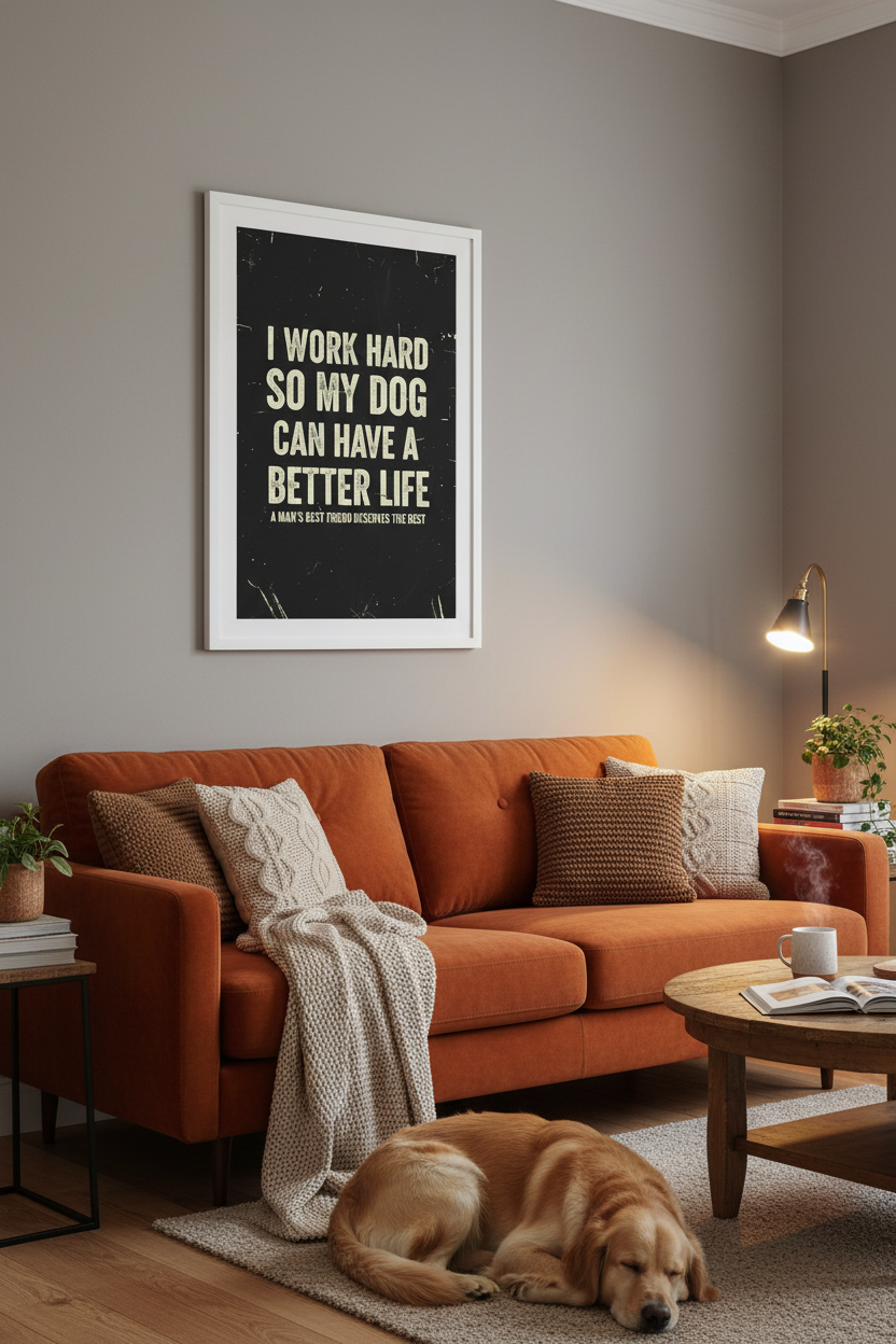 I Work Hard So My Dog framed poster in living room