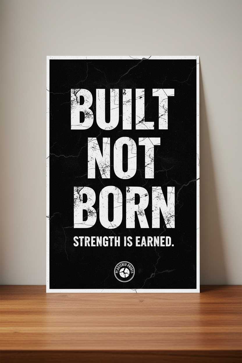 Built Not Born poster on wooden table
