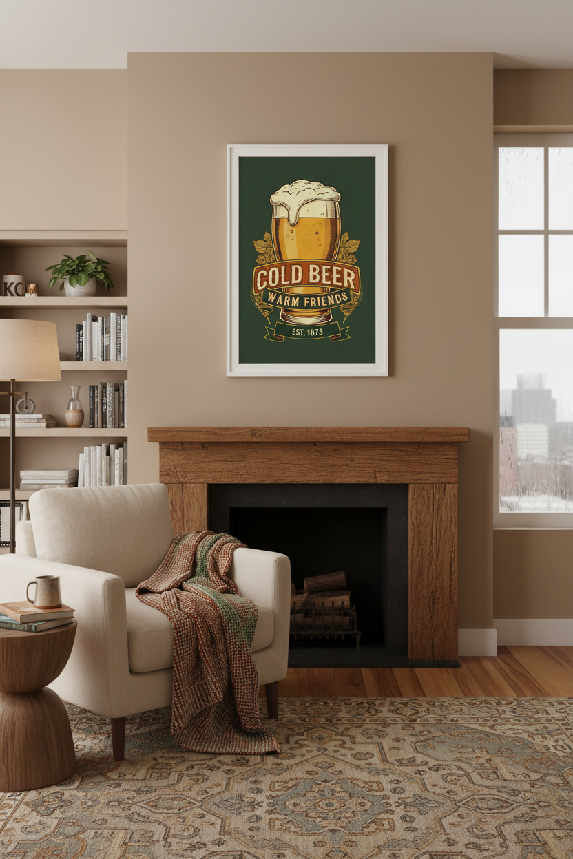 Cold Beer Warm Friends framed poster in living room
