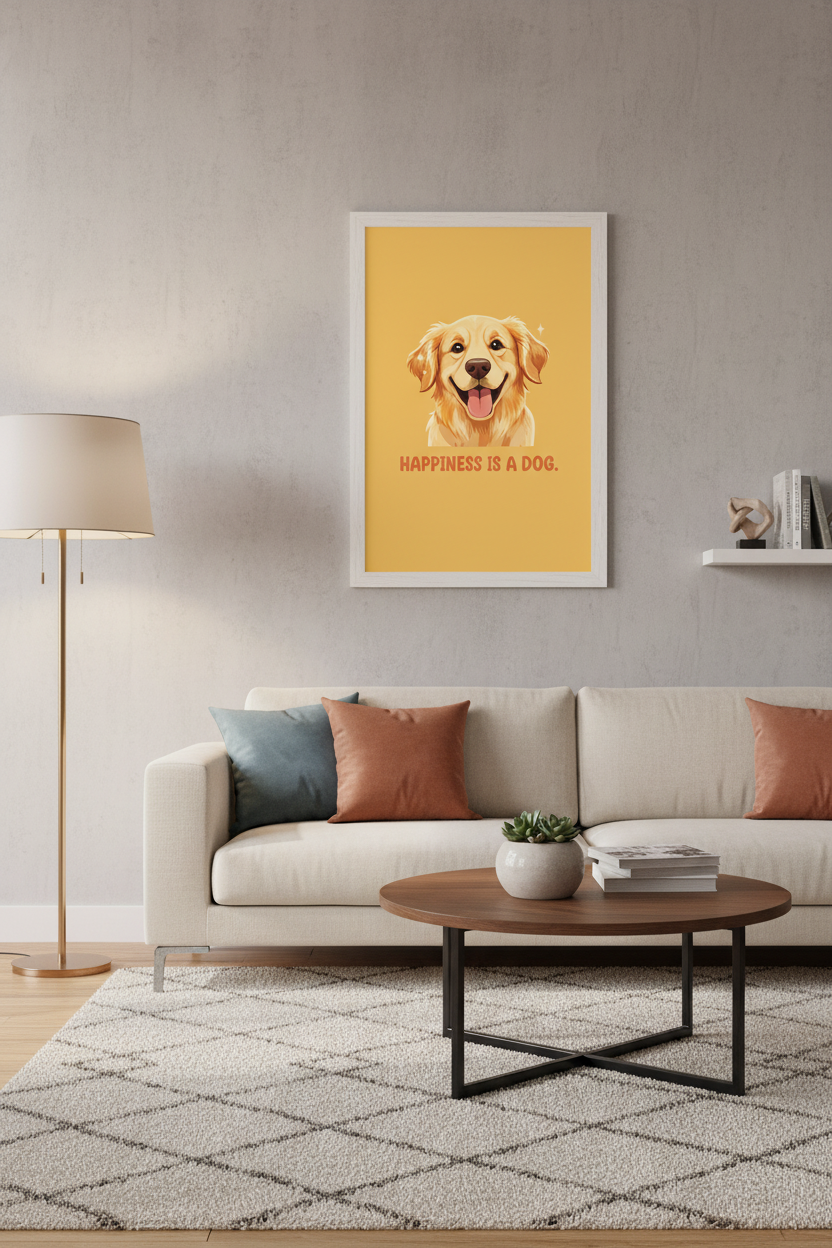 Happiness Is a Dog framed in living room view 2