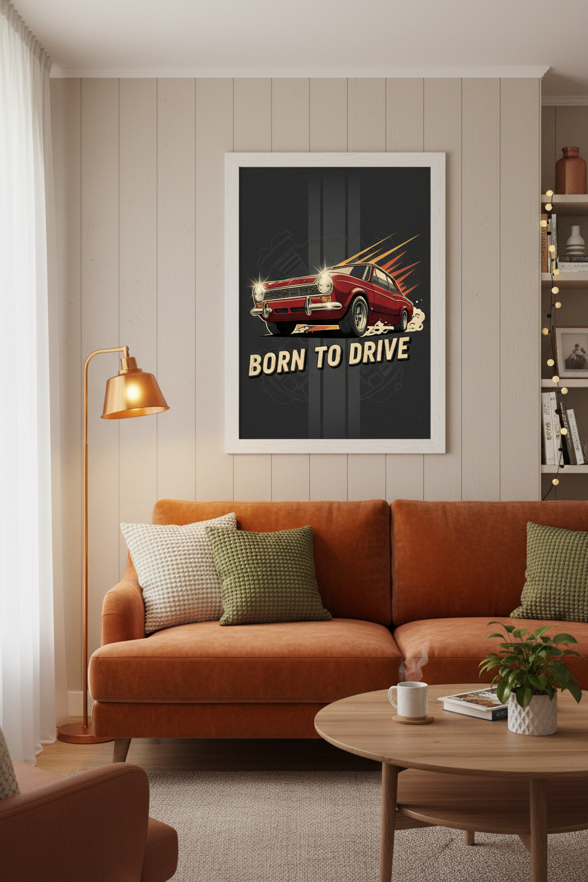 Born to Drive framed poster in living room